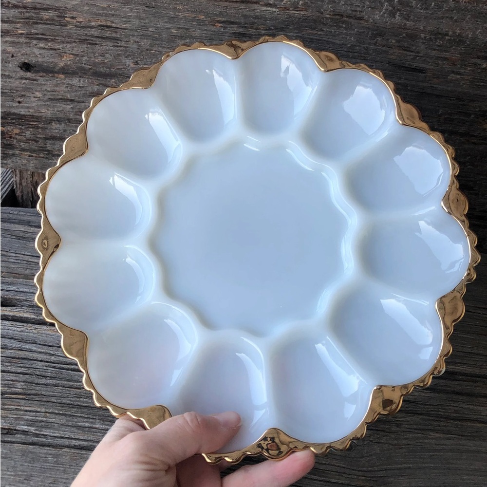 Milk Glass vintage Egg dish Fire-King Anchor Hocking deviled egg plate gold trim - Picture 4 of 11